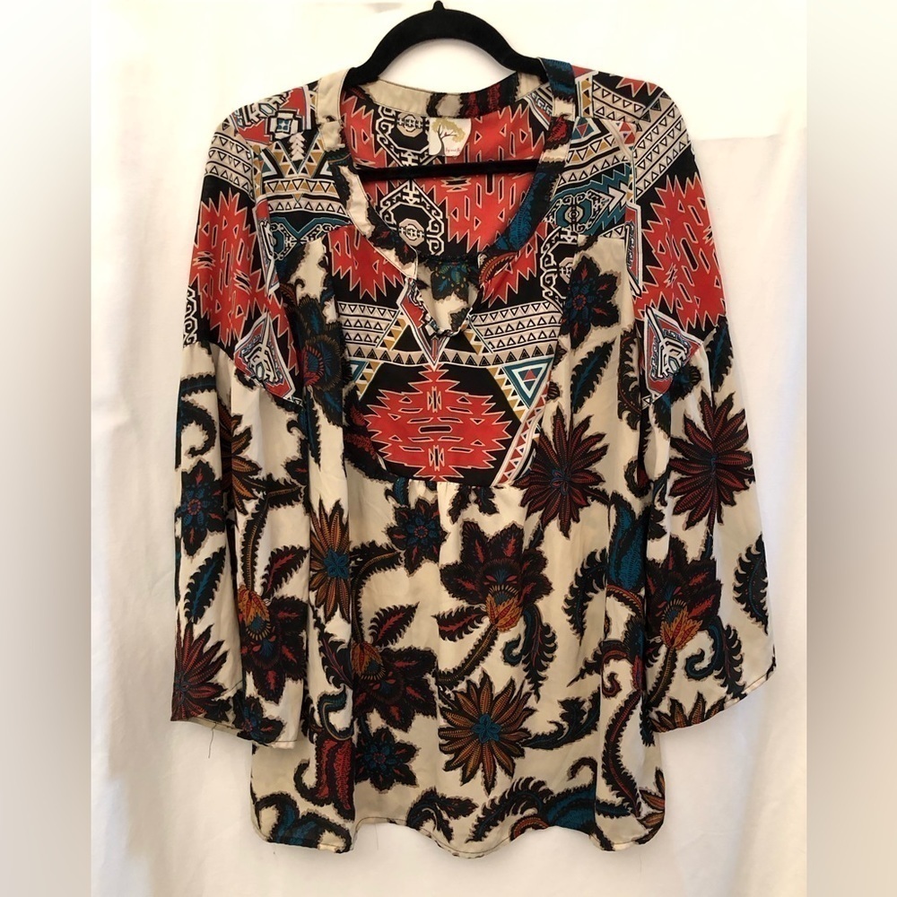 fig and flower Cream Boho Floral & Aztec Print Blouse with Red and Teal Accents
